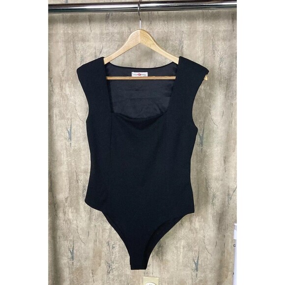 Nylon Apparel Women Black Tank Bodysuit Sz Large Square Neck Padded Shoulder EUC - Picture 1 of 9